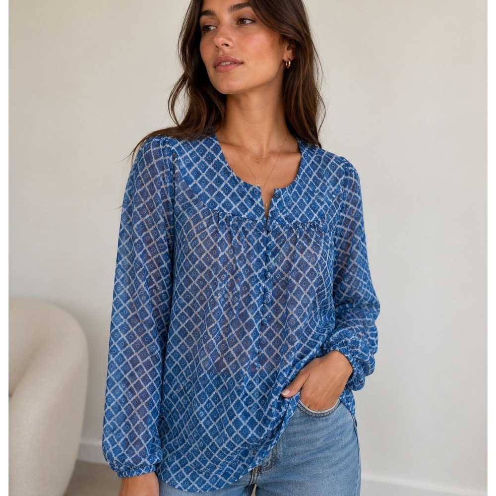 Lucky Brand Sheer Blue Boho Peasant Blouse Size S Flowy India Button Tunic Top